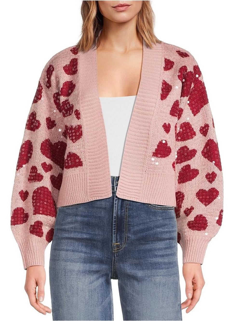 Anna&Ava Sequin Heart Open-Front Pink Cardigan Sweater, L/XL